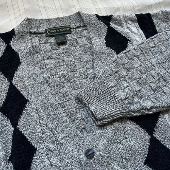 Vintage 90s Croft Barrow Argyle Medium Cardigan Sweater Knit Wool Blend - Picture 3 of 11